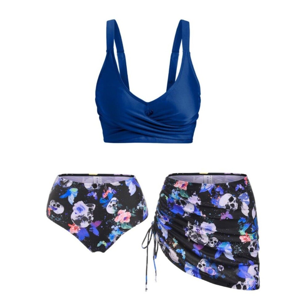 Women's High Waisted Bikini Sets with Cover Up Skirt 3 Piece Gothic Skull S